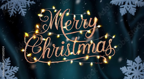 Merry Christmas Gold Script with Twinkling Lights and Snowflakes — Holiday Greeting

