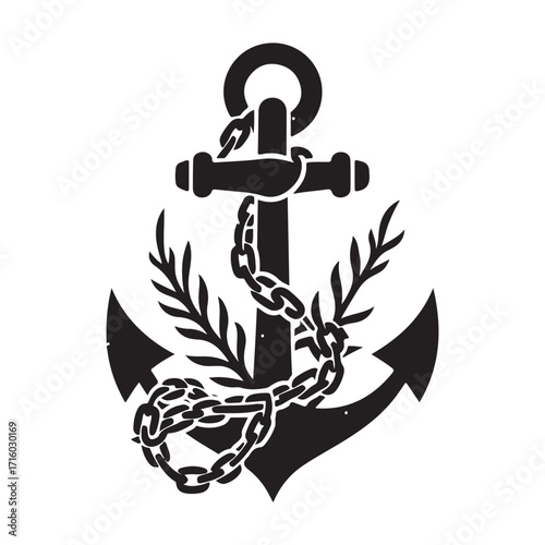Anchor wrapped in kelp and chain vector silhouette outline logo design concept illustration
