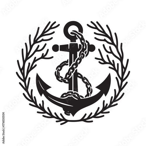 Anchor wrapped in kelp and chain vector silhouette outline logo design concept illustration