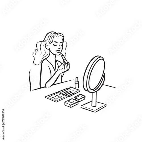 Black and white line art of a beautiful woman doing makeup at dressing table with mirror illustration
