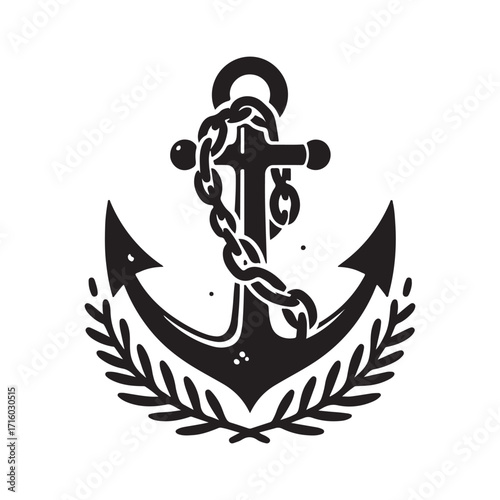 Anchor wrapped in kelp and chain vector silhouette outline logo design concept illustration