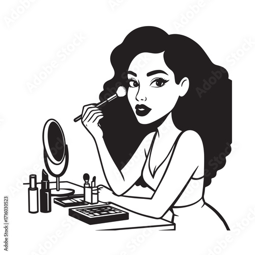 Black and white line art of a beautiful woman doing makeup at dressing table with mirror illustration
