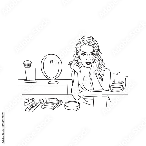 Black and white line art of a beautiful woman doing makeup at dressing table with mirror illustration
