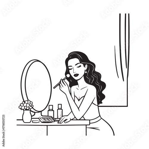 Black and white line art of a beautiful woman doing makeup at dressing table with mirror illustration
