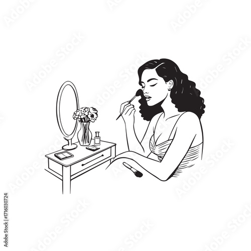 Black and white line art of a beautiful woman doing makeup at dressing table with mirror illustration
