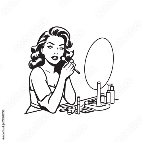 Black and white line art of a beautiful woman doing makeup at dressing table with mirror illustration
