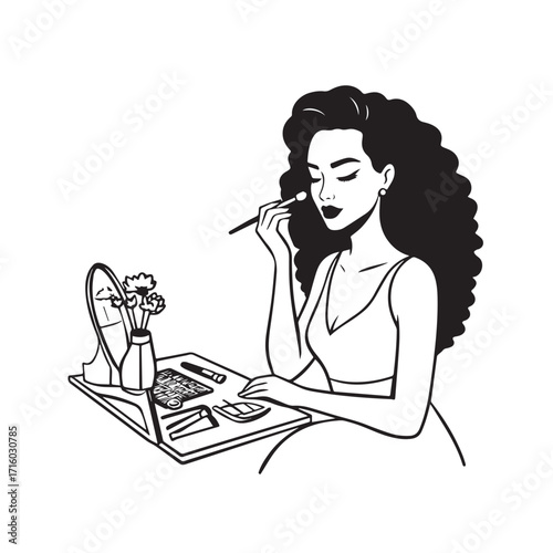 Black and white line art of a beautiful woman doing makeup at dressing table with mirror illustration

