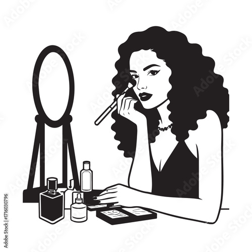 Black and white line art of a beautiful woman doing makeup at dressing table with mirror illustration
