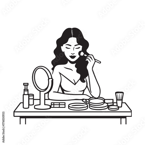 Black and white line art of a beautiful woman doing makeup at dressing table with mirror illustration
