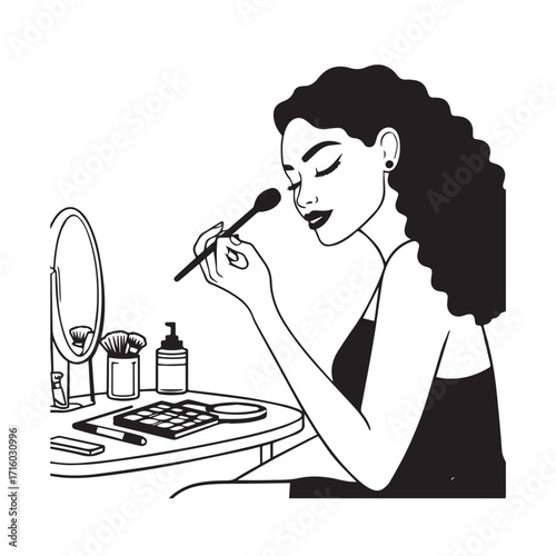 Black and white line art of a beautiful woman doing makeup at dressing table with mirror illustration
