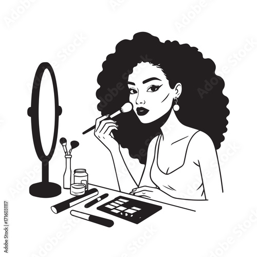 Black and white line art of a beautiful woman doing makeup at dressing table with mirror illustration
