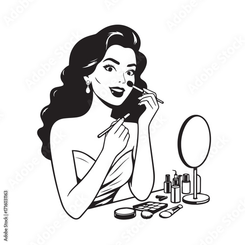 Black and white line art of a beautiful woman doing makeup at dressing table with mirror illustration
