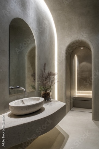 A minimalist bathroom boasts a sculptural stone sink, highlighting the smooth concrete walls and arched architectural details.