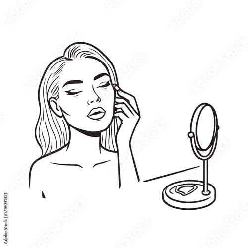 Black and white line art of a beautiful woman doing makeup at dressing table with mirror illustration
