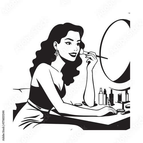 Black and white line art of a beautiful woman doing makeup at dressing table with mirror illustration
