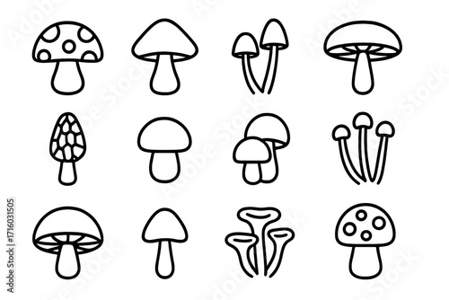 Mushroom icon set line art collection. Fungi outline symbols for graphic design. Vector illustration of various mushroom types like amanita, morel, toadstool, psychedelic.
