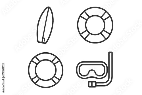 Summer vacation water sports line icon set. Surfboard, lifebuoy, diving mask, snorkel symbols. Beach safety, sea rescue, and ocean activity minimal vector pictograms.