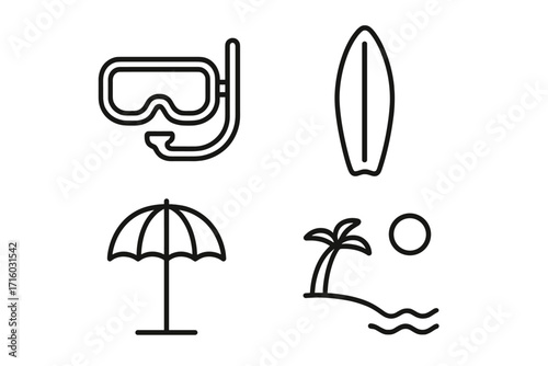 Beach vacation line icon set. Summer travel symbols collection with diving mask, surfboard, umbrella, tropical island. Outline vector graphics for web design, apps, leisure.
