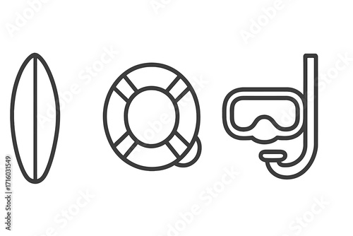 Summer vacation and water sports icon set. Surfboard, lifebuoy, and diving mask with snorkel line art symbols. Minimalist vector pictograms for beach and sea safety concepts.
