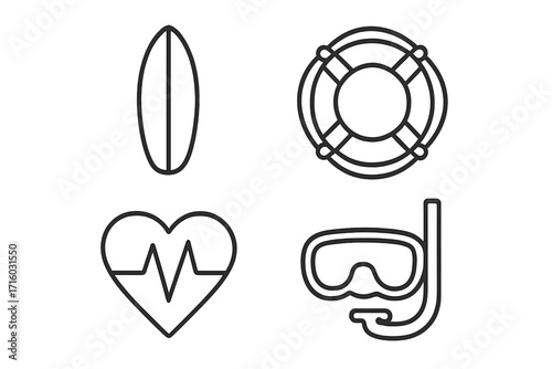 Water sports line icon set. Surfboard, lifebuoy, diving mask, snorkel, and heartbeat pictogram bundle. Beach vacation, ocean safety, health, and summer activity concepts.