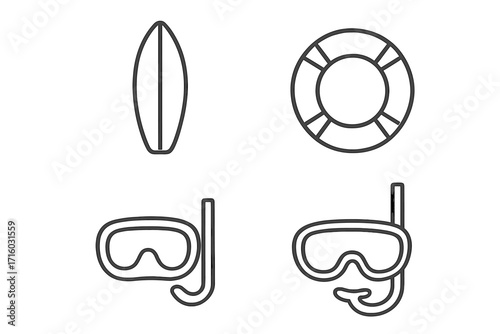 Water sports line icon set. Surfing, diving, swimming concepts. Surfboard, lifebuoy, scuba mask, snorkel pictogram. Summer vacation, travel, safety, beach holiday symbol.