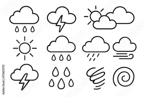 Weather line icon set. Forecast symbols collection. Sun, cloud, rain, storm, lightning, wind, tornado sign. Vector outline illustration for web design, app, ui, ux. Climate graphic element.