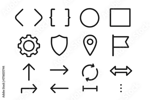 Web development line icon set. UI UX interface design elements. Code, navigation arrow, settings gear, security shield and location pin vector signs. Editable stroke symbols.