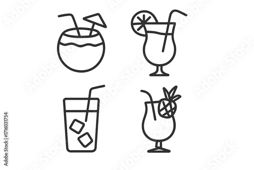 Tropical cocktail line icon set for summer beach party. Editable stroke vector icons. Juice in coconut, pineapple drink, mojito, margarita glass. Bar menu & travel design elements.