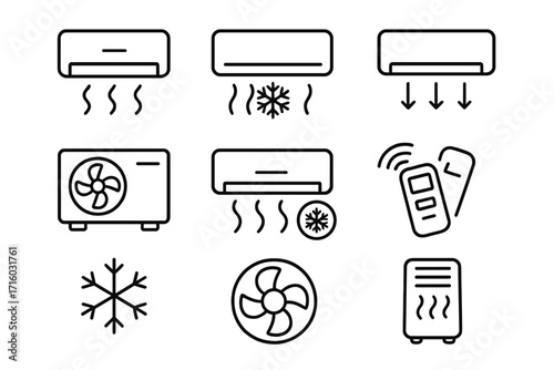Vector air conditioner, cooling, and heating line icon set. Climate control, ventilation, and split system outline icons. Fresh air, fan, remote, and snowflake symbols.