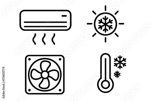 Air conditioner and cooling icon set. Vector outline illustration of climate control symbols like fan, cold temperature, thermometer, and hvac system for web and app design.