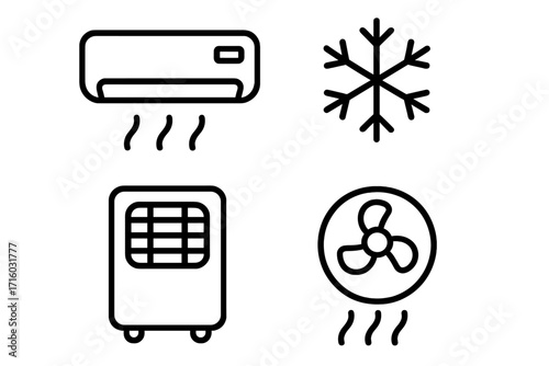 Air conditioner icon set. Cooling system, ventilation, and fan symbols. Vector outline icons for climate control, cold air, and HVAC systems. Modern linear pictogram collection.