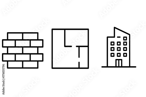 Construction and real estate line icon set. Includes brick wall, apartment floor plan, and office building. Vector outline symbols for architecture, blueprint, and web design.