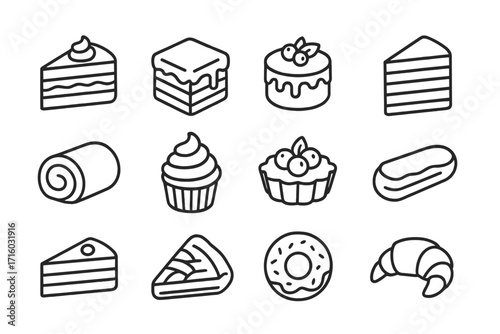Cakes and pastries icon set. Outline collection of sweet desserts for bakery and cafe menu. Vector line art symbols of cupcake, donut, pie, croissant, and eclair.