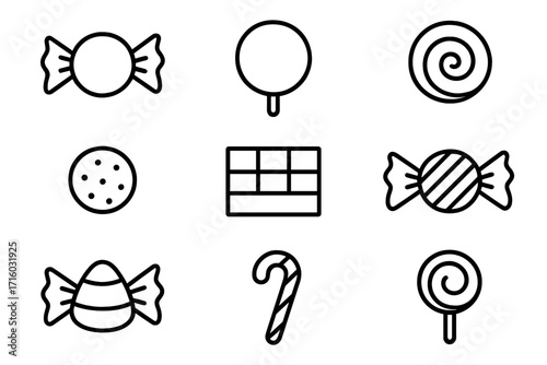 Sweet food outline icon set. Candy, lollipop, chocolate bar, candy cane, cookie. Vector linear symbol collection for confectionery, desserts, and celebration. Editable stroke.
