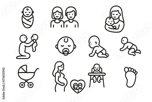 Baby and Family Life thin line icon set. Newborn, pregnancy and parenthood concept symbols. Mother, father and child outline pictograms for web, app and graphic design.