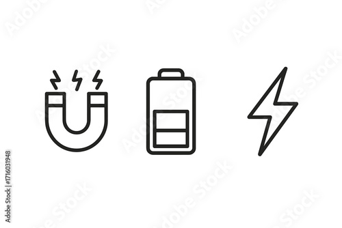 Magnet, battery, and lightning bolt line icon set. Simple vector symbols for power, electricity, and energy. Modern outline style for web, apps, UI, and UX design.