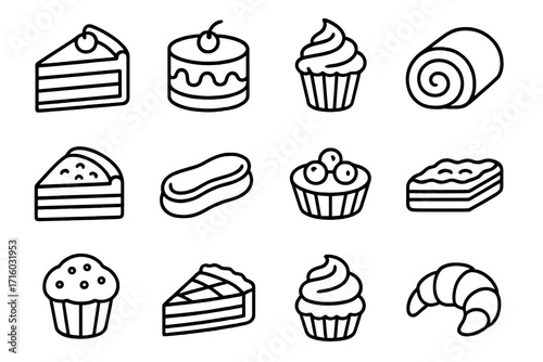 Cake and pastry line icon set. Sweet dessert collection for bakery, cafe menu. Vector outline illustration of cupcake, pie, croissant, eclair, tart, swiss roll, muffin, brownie.