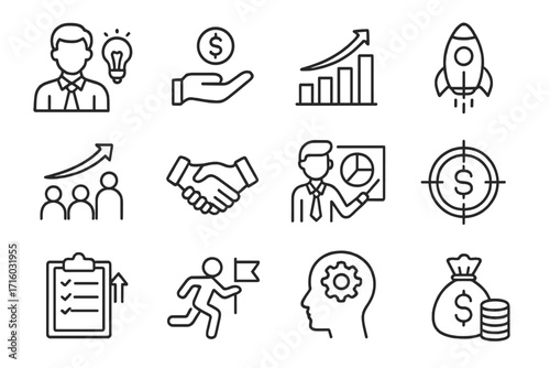 Startup & business success line icon set. Editable stroke vector icons for entrepreneurship. Symbols for growth, investment, teamwork, idea, financial goal & strategy.