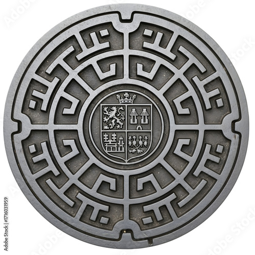Ornate manhole cover featuring intricate geometric patterns and a central coat of arms design