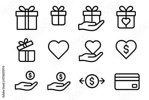 Donation and charity line icon set. Giving money, gifts, and love concepts. Includes heart in hand, gift box, dollar coin, and credit card symbols. Vector outline pictogram.