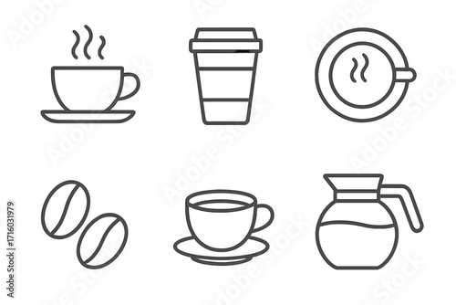 Coffee line icon set. Editable stroke vector collection of coffee cup, mug, beans, pot, and takeaway drink symbols. For cafe menu, beverage signs, and morning concepts.