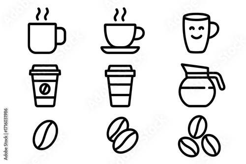 Coffee line icon set. Simple outline pictogram collection of cafe symbols. Cup, mug, hot drink, takeaway paper cup, coffee pot, beans. Editable stroke vector illustration.