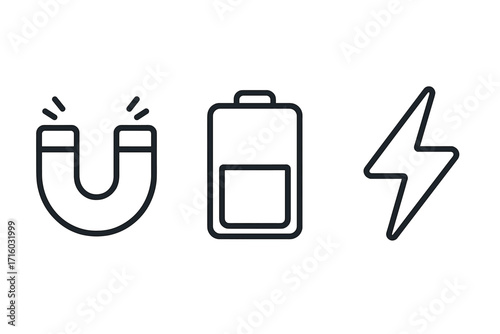 Magnet, battery, and lightning bolt outline icon set. Simple linear pictograms for power, energy, and electricity concepts. Modern symbols for UI, UX, web design, and apps.