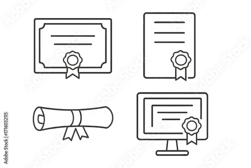 Set of diploma and certificate line icons. Graduation award, degree document, and scroll. Education achievement symbol. Online learning and qualification vector illustration.