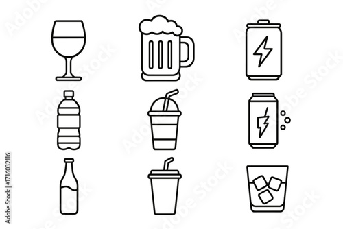 Drink icon set. Beverage thin line icons for web, menu, infographic. Vector collection of alcohol, soft drink symbols. Beer, wine, soda, water, energy drink, cocktail.