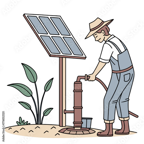 Farmer using a solar powered water pump for irrigation and agriculture on a sunny day
