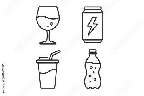 Drink and beverage line icon set. Collection of simple vector symbols. Soda, juice, wine, alcohol, energy drink pictogram for web, app, ui, ux design and infographics.