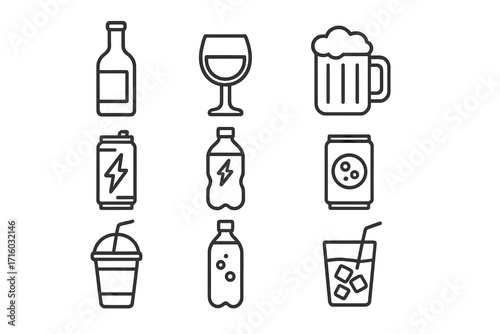 Beverage and drink outline icon collection for design. Vector linear symbols of alcohol, wine, beer, soda, water, juice, energy drink. Set includes bottle, can, glass, mug icons.