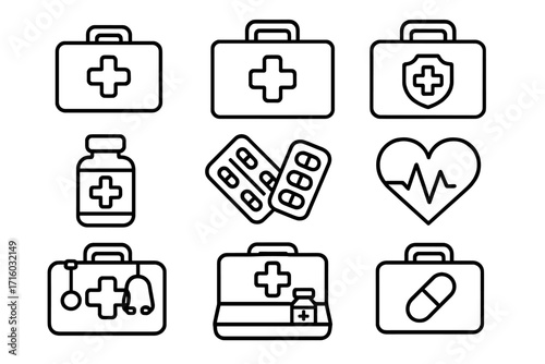 Medical and healthcare thin line icon set. Vector first aid kit, emergency case, medicine pills, heartbeat, cardiology and pharmacy symbols. Editable stroke outline icons.