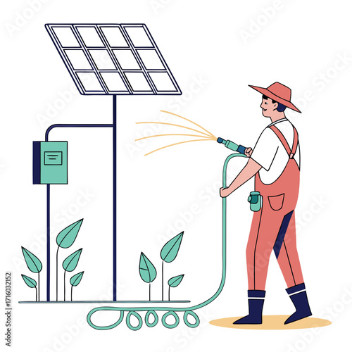 Farmer watering plants using a solar powered irrigation system on a sunny day